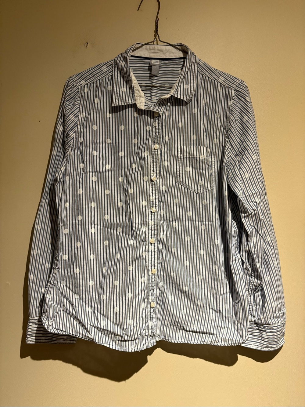 JC Penny 100% Cotton Striped Button Down Shirt Polka Dot Size Large Blue White